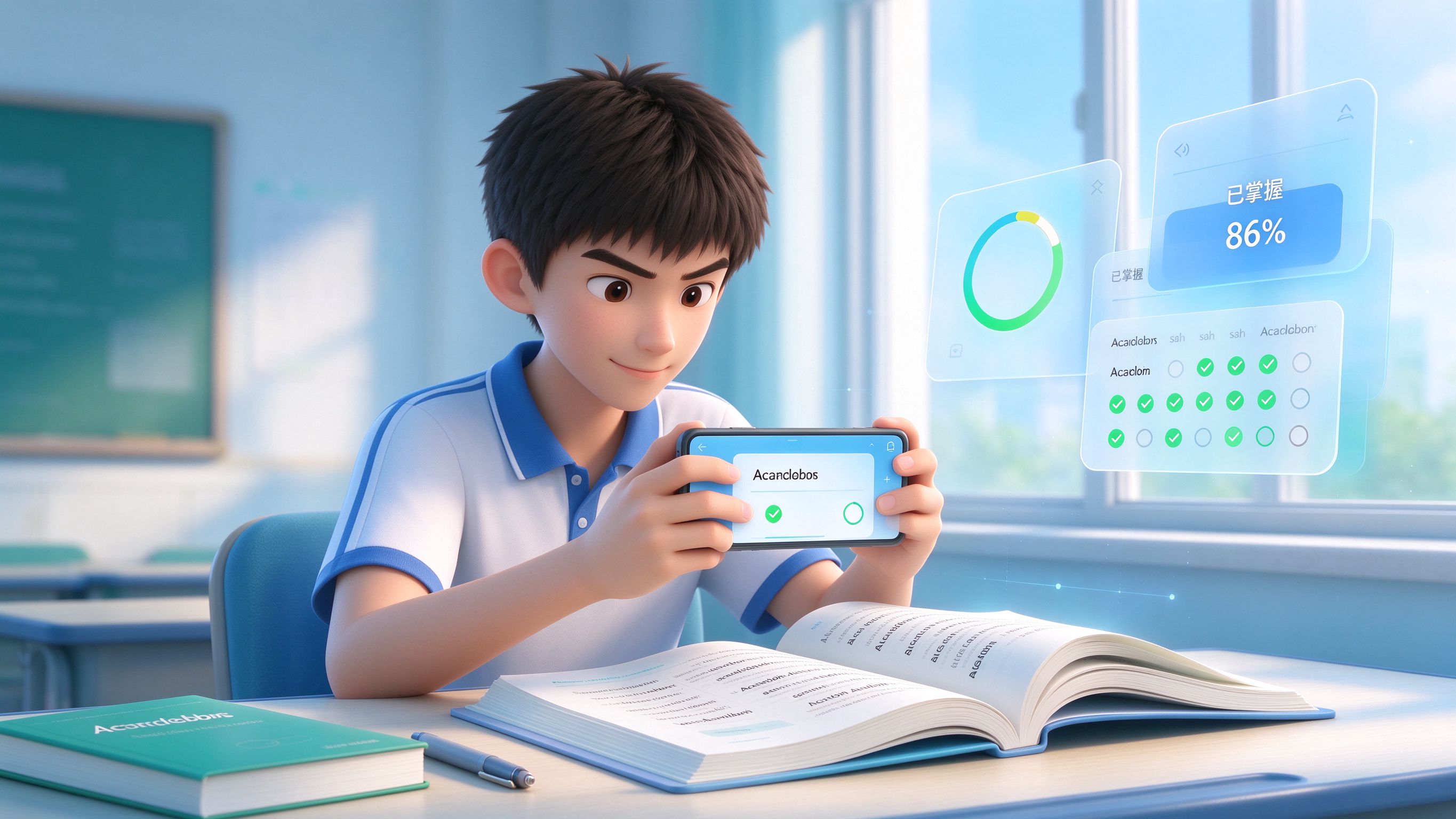 学生在书桌前用手机扫描教材背单词